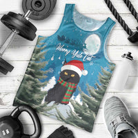 Men's blue Christmas tank top with cat in Santa hat and striped scarf print