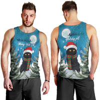 Men's blue Christmas tank top shown front and back, cat and winter forest graphic