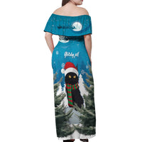 Women’s blue off-shoulder maxi dress, back view, Merry Yule Cat holiday print