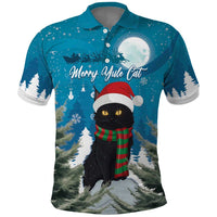 Blue Christmas cat polo shirt with moonlit trees, Santa hat & scarf graphic, short sleeve
