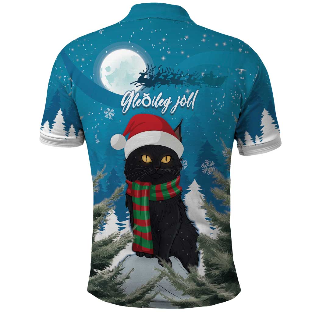Blue Christmas cat polo shirt back graphic with Santa hat, moon, pine trees, short sleeves