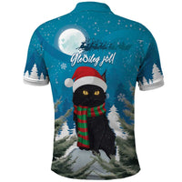 Blue Christmas cat polo shirt back graphic with Santa hat, moon, pine trees, short sleeves