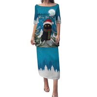 Blue long Christmas dress with cat graphic, snow trees, and Merry Yule Cat print.