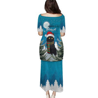 Blue long Christmas dress, back view, cat graphic with snow trees and Merry Yule Cat text.