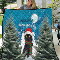 Blue Christmas quilt with Merry Yule Cat cat, pine trees, and a full moon.