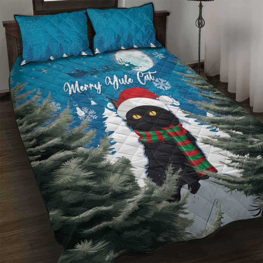 Blue quilt bed set with Merry Yule cat print, pine trees, and included matching pillows