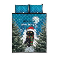 Quilt bed set with Merry Yule cat artwork on blue, matching pillow covers