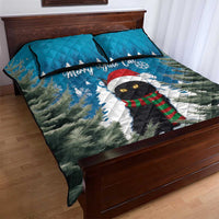 Blue quilt bed set featuring Merry Yule cat with red scarf and pine forest design