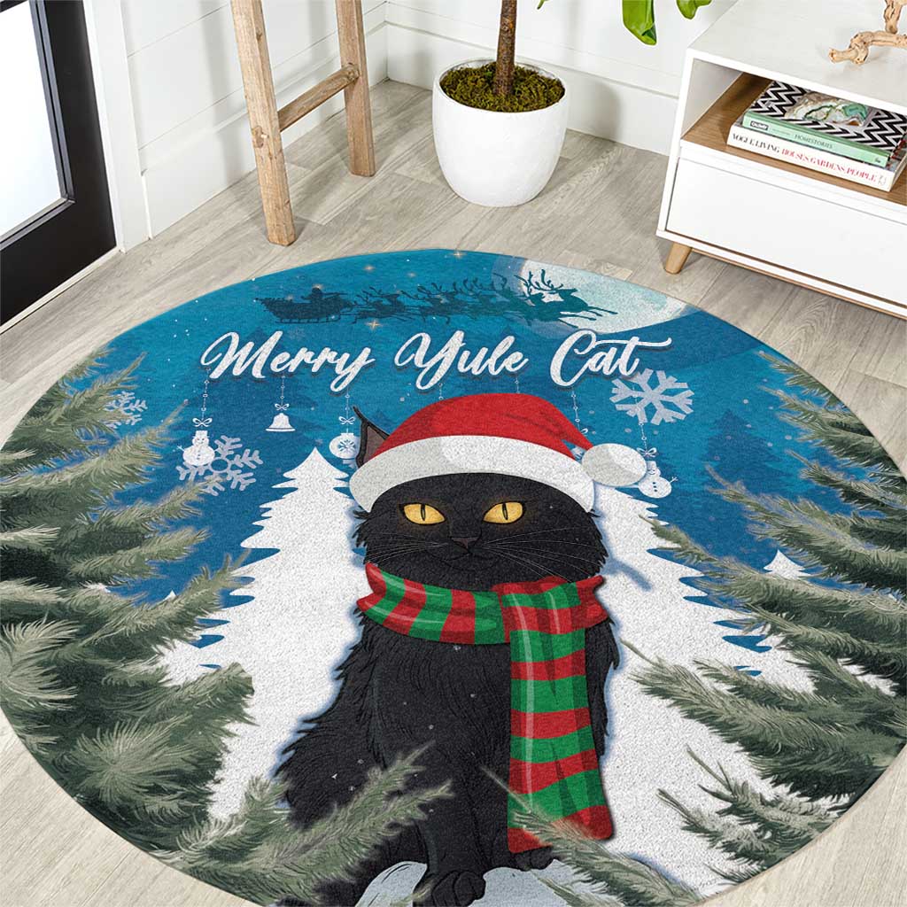 Blue round Christmas carpet featuring black cat, 'Merry Ayule Cat' and plaid scarf
