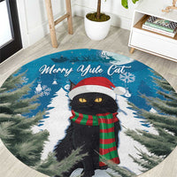 Blue round Christmas carpet featuring black cat, 'Merry Ayule Cat' and plaid scarf