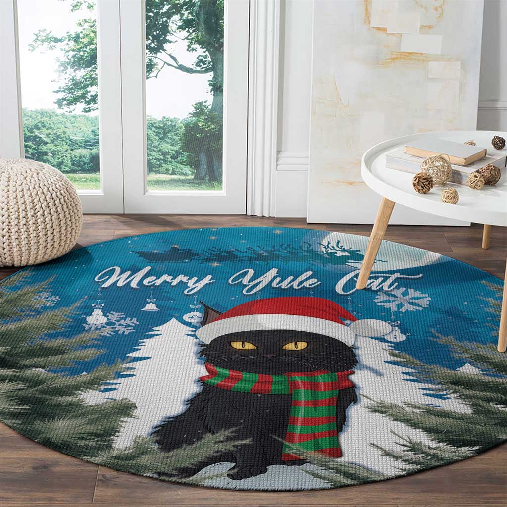 Blue round Christmas carpet with black cat in red hat and plaid scarf, 'Merry Ayule Cat'