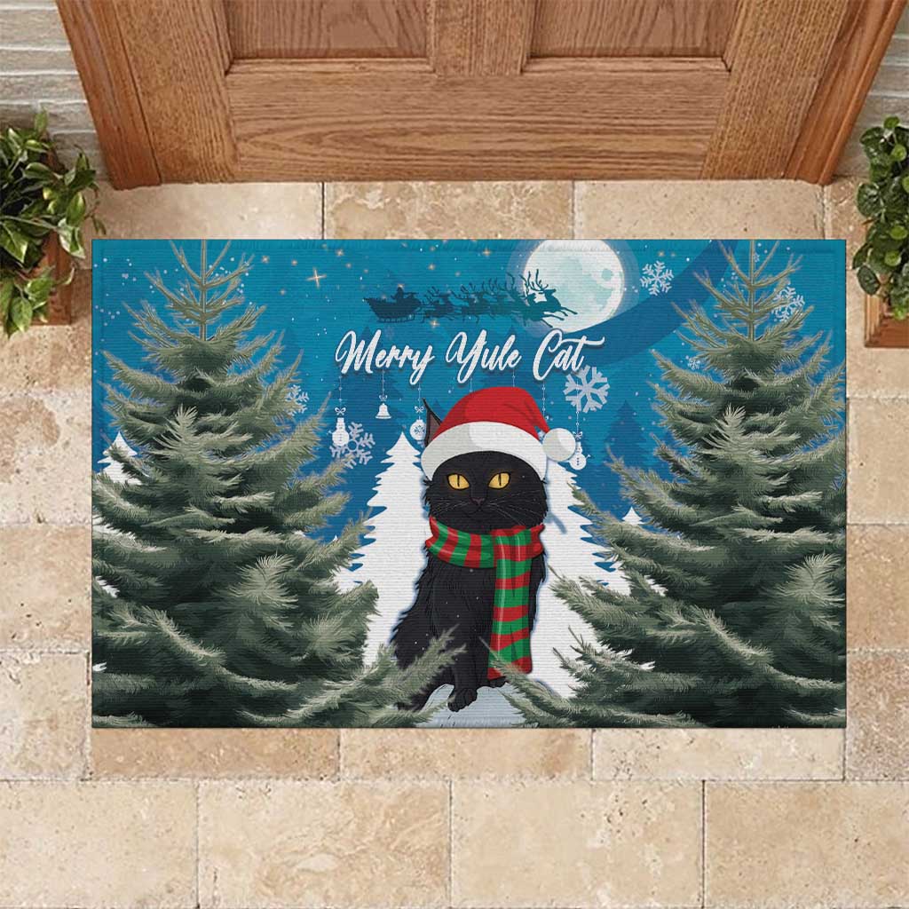 Blue rubber Christmas doormat with cat in Santa hat and red-green scarf, fir trees