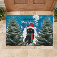 Blue rubber Christmas doormat with cat in Santa hat and red-green scarf, fir trees