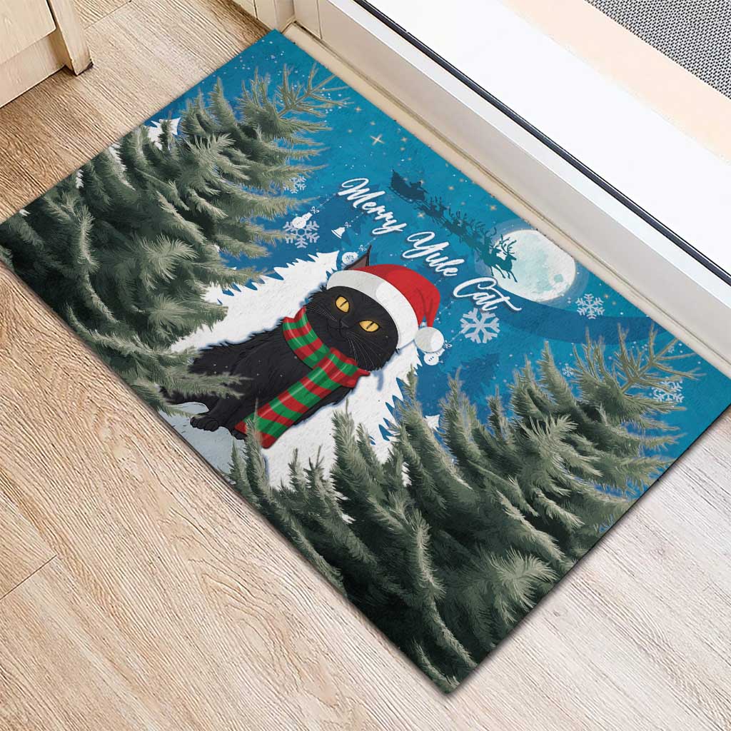 Blue rubber Christmas doormat, corner view of cat in Santa hat with red-green scarf