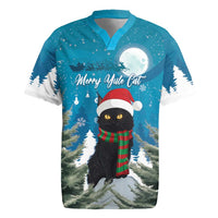 Blue Christmas rugby jersey with black cat in Santa hat and striped scarf, front graphic