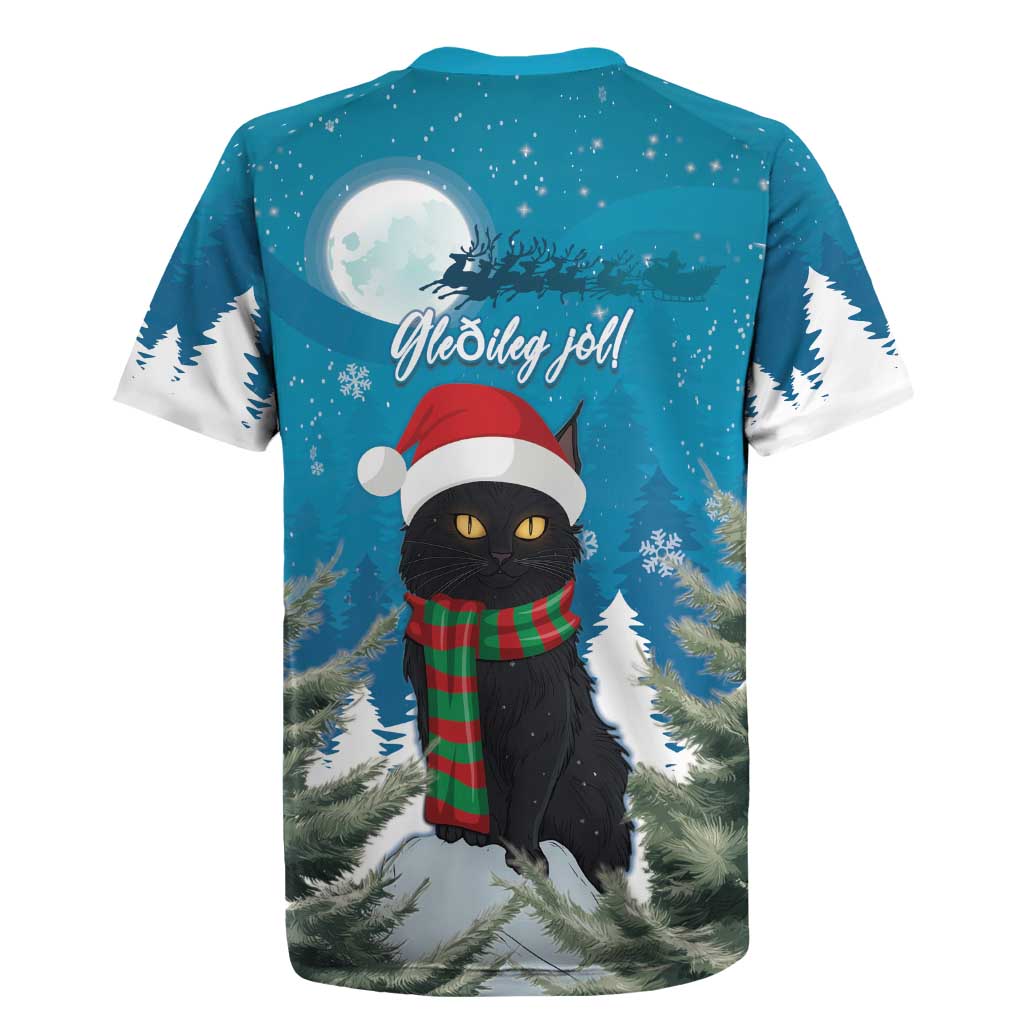 Blue Christmas rugby jersey back with black cat under moon, 'Gledileg jol!' text and trees