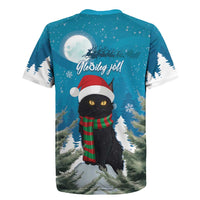 Blue Christmas rugby jersey back with black cat under moon, 'Gledileg jol!' text and trees