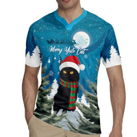 Blue Christmas rugby jersey on model, front shows black cat in Santa hat and scarf