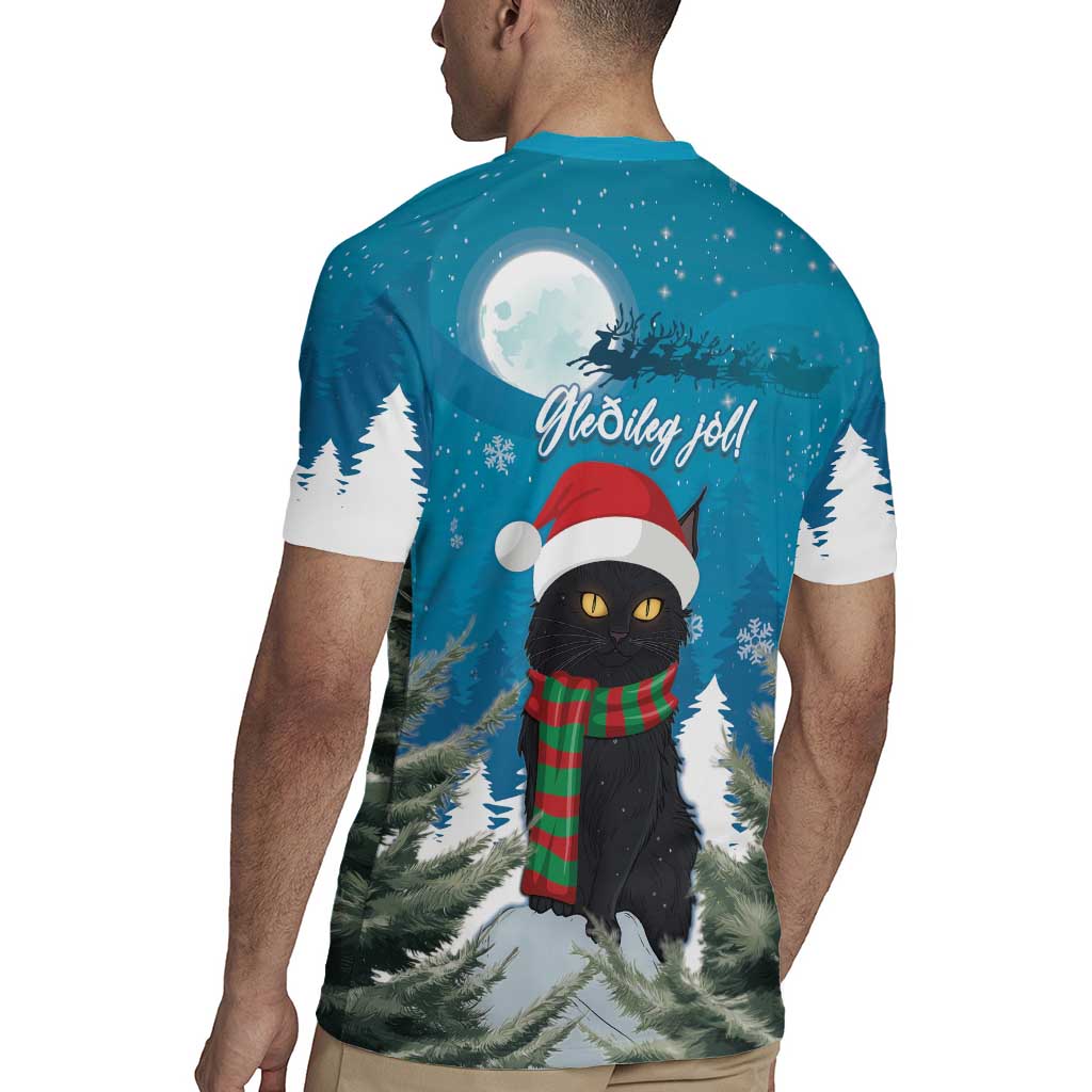Blue Christmas rugby jersey on model, back shows black cat under moon with 'Gledileg jol!'