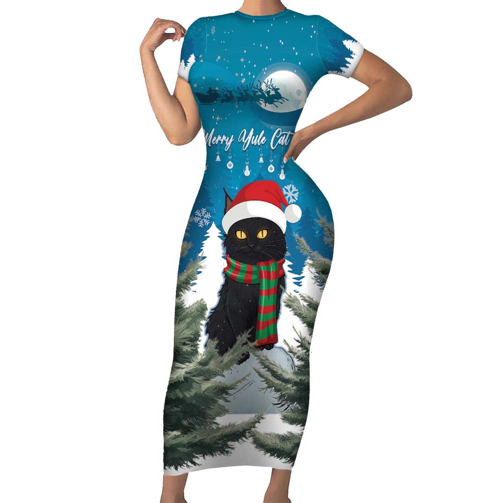 Iceland Christmas Short Sleeve Bodycon Dress Merry Yule Cat