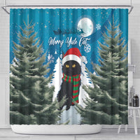 Blue Christmas shower curtain with Merry Yule Cat text, black cat center and pine trees