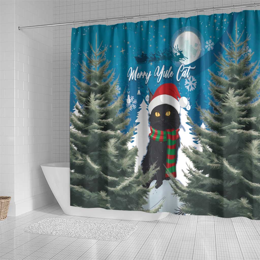 Blue Christmas shower curtain showing black cat in holiday hat and scarf with pine branches