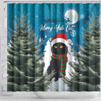 Blue Christmas shower curtain with Merry Yule Cat, moon and pine trees surrounding the cat