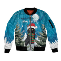 Blue unisex zip-front bomber jacket with black ribbed cuffs and cat Christmas graphic