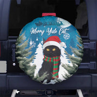 Round blue spare tire cover featuring Merry Yule Cat with Santa hat, trees, and snowflakes