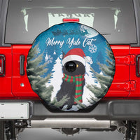 Round blue Merry Yule Cat spare tire cover with pine trees, snowflakes, and striped scarf