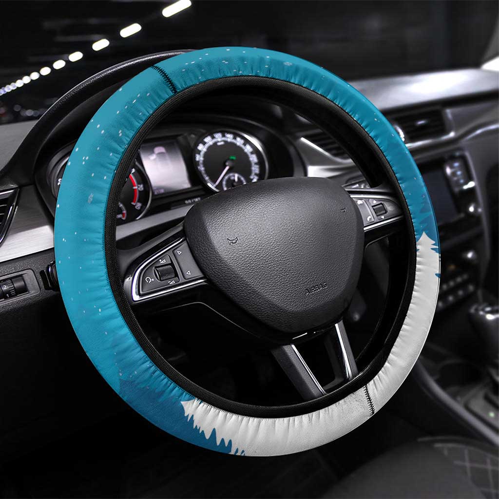Blue steering wheel cover with white winter trim and stitched rim