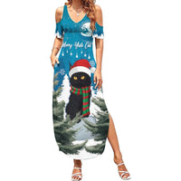 Blue cold-shoulder maxi dress with cat holiday print, long side slit