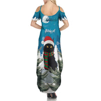 Blue cold-shoulder maxi dress with cat and tree graphic, open shoulders and scoop back