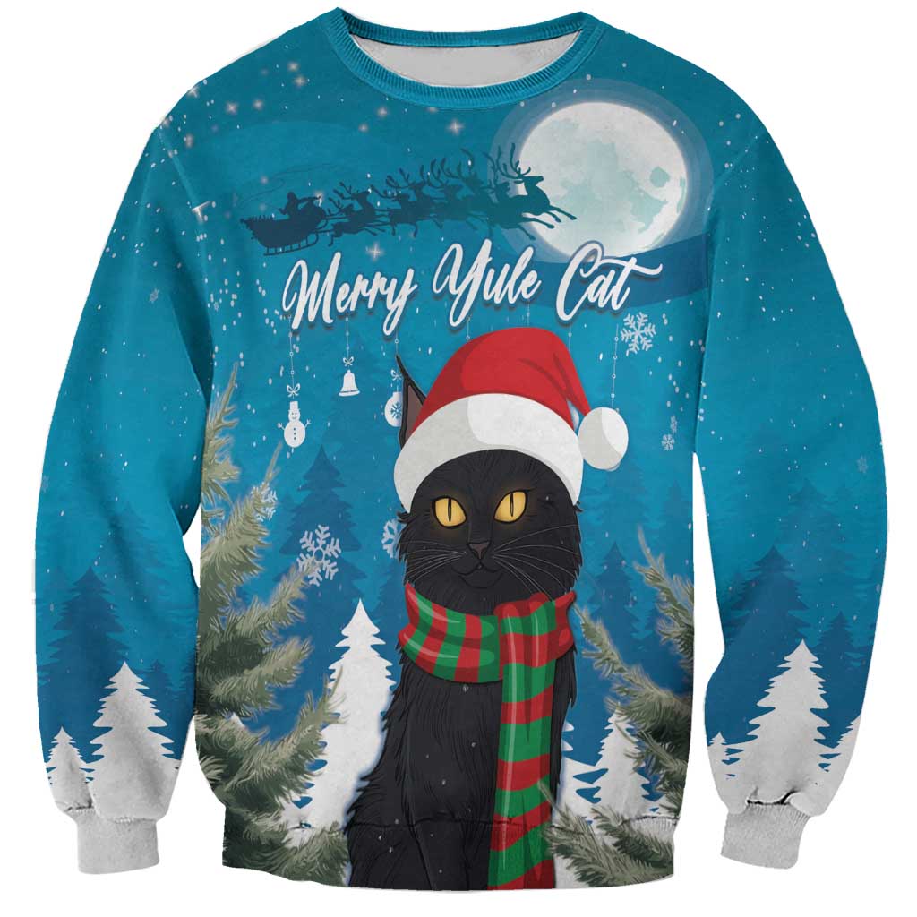 Blue unisex Christmas sweatshirt with black cat wearing red Santa hat and plaid scarf