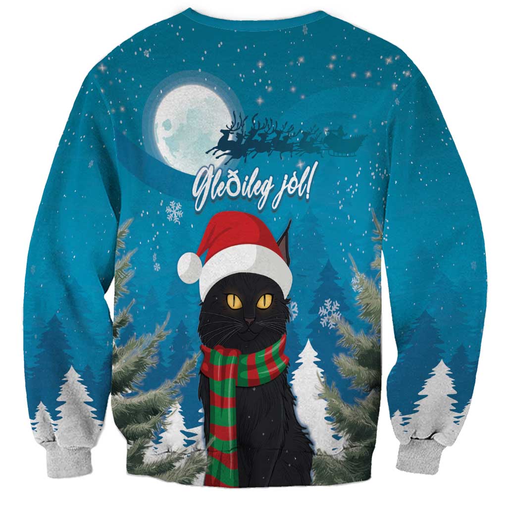 Blue unisex Christmas sweatshirt with black cat Santa hat, antlers, and 'Ho-ho-ho' text