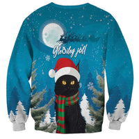 Blue unisex Christmas sweatshirt with black cat Santa hat, antlers, and 'Ho-ho-ho' text