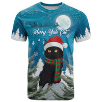 Blue Christmas T-shirt with black cat in Santa hat and red green striped scarf