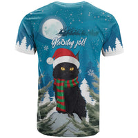 Blue Christmas T-shirt with black cat wearing Santa hat and striped scarf, moon backdrop