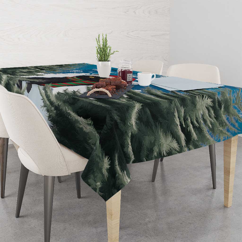 Christmas tablecloth corner with snowy fir branches and pine tree graphic