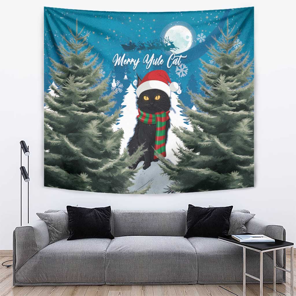 Blue Christmas cat tapestry with red hat, green plaid scarf, and pine trees