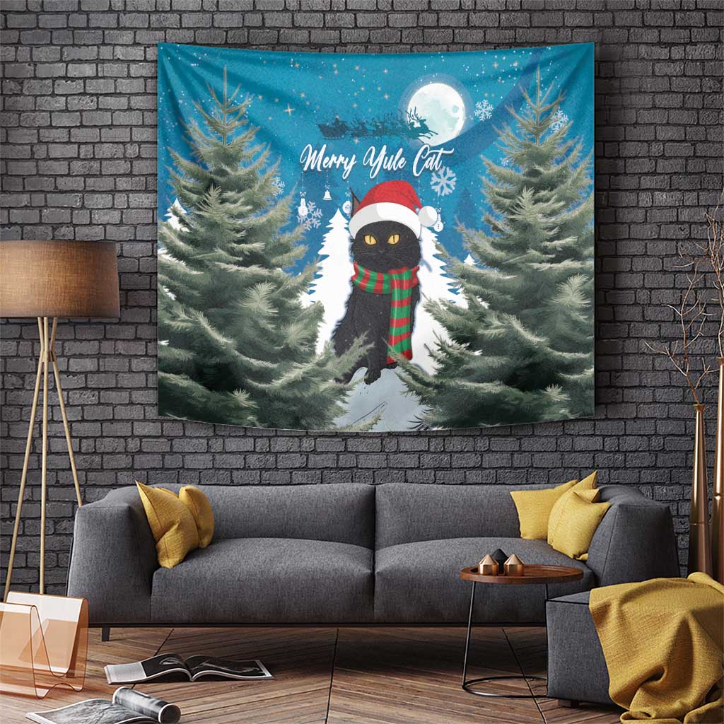 Blue wall tapestry of cat in red hat and green plaid scarf among pine trees
