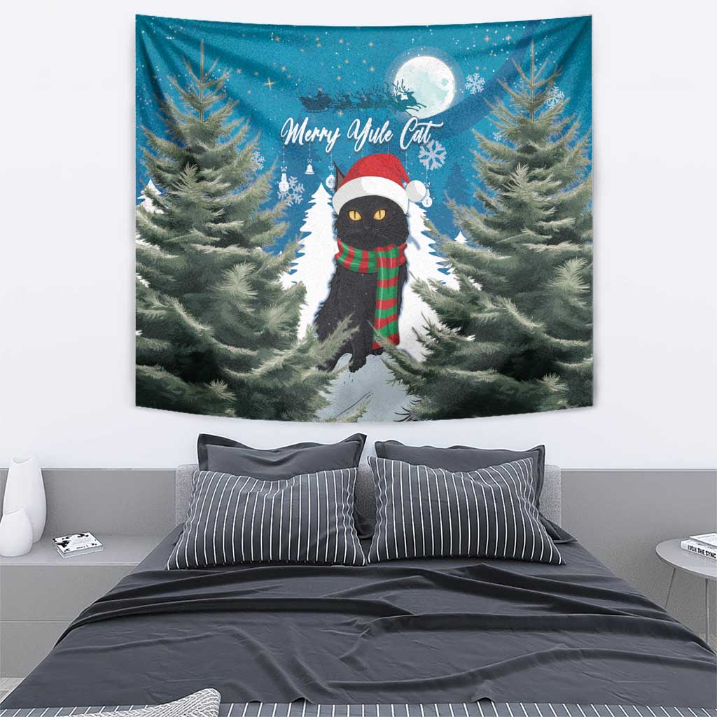 Blue Christmas tapestry with cat in red hat and green plaid scarf centered in pine forest