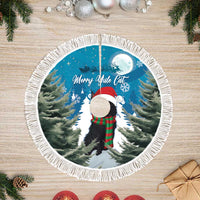 Blue Christmas tree skirt with white fringe and Merry Yule Cat round design