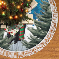 Blue Christmas tree skirt with white fringed edge, cat and winter scene graphic