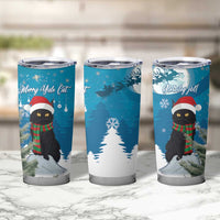Set of three blue Christmas cat tumbler cups with snowy forest graphics and silver bases