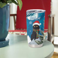 Blue Christmas cat tumbler cup with snowflake and red hat graphic, silver lid