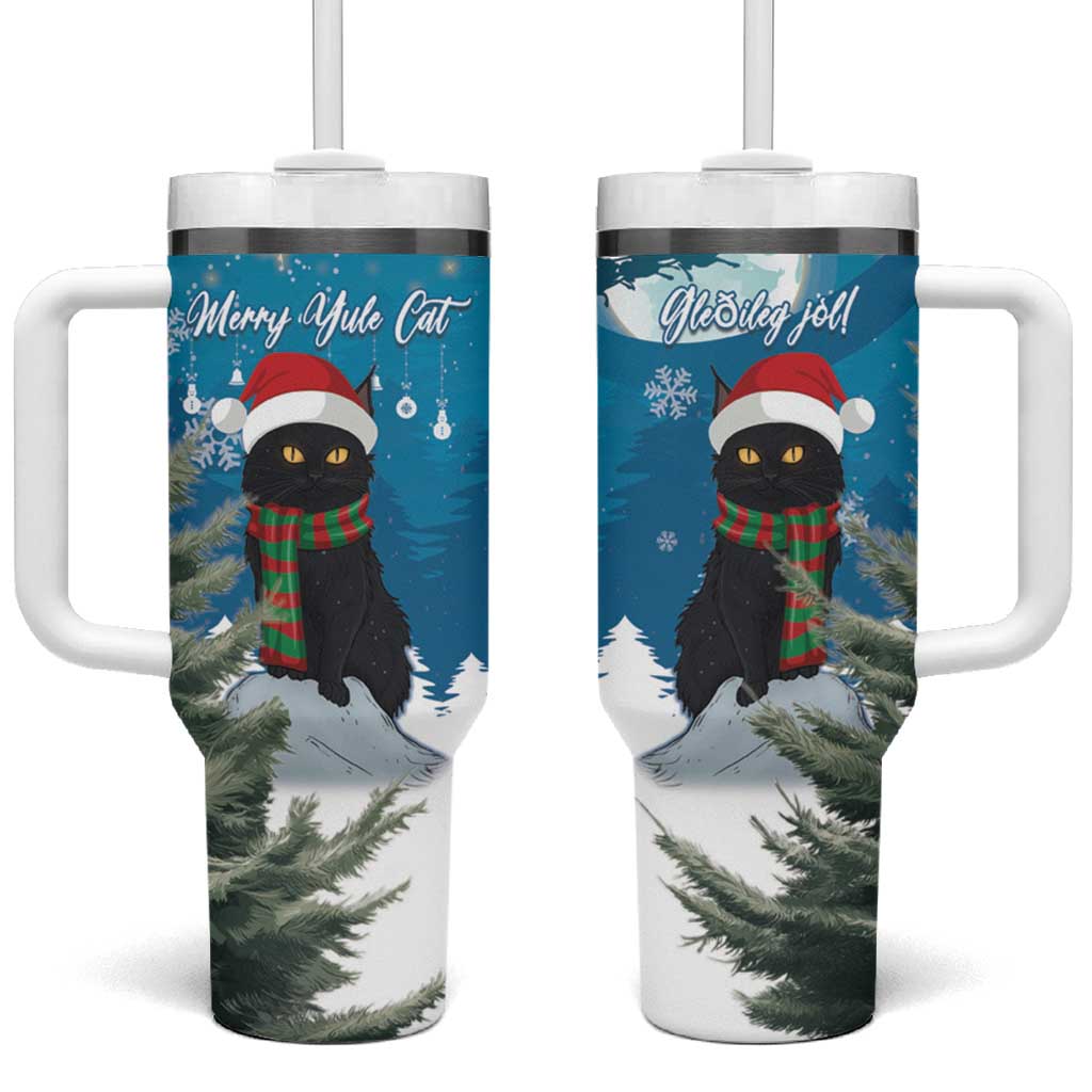 Blue Christmas tumbler with handle, straw lid, and Merry Yule Cat graphic