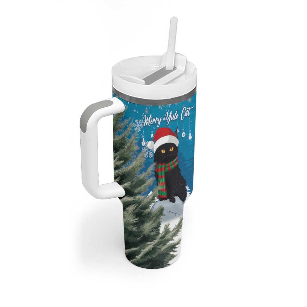 Blue Christmas tumbler with handle and straw lid featuring cat in winter scarf