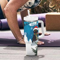 Blue Christmas tumbler with handle and straw lid, cat design on front