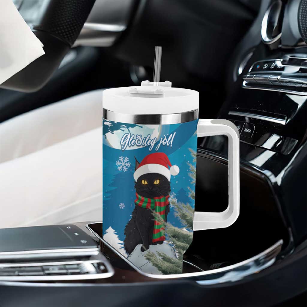 Blue Christmas tumbler with handle and straw lid featuring Merry Yule Cat artwork